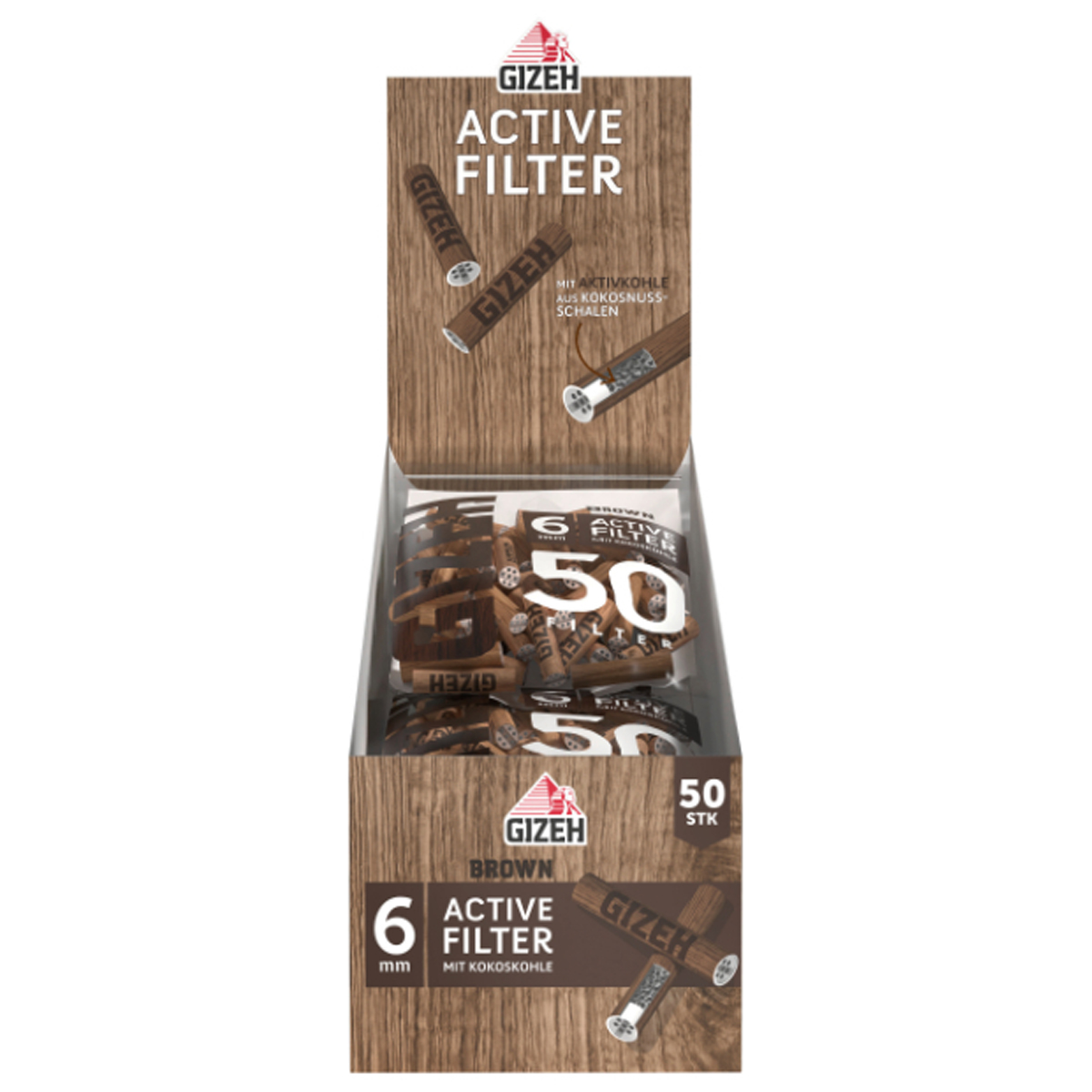 GIZEH Brown Active Filtre 6mm Présentoir 10 x 50pcs – Image 1
