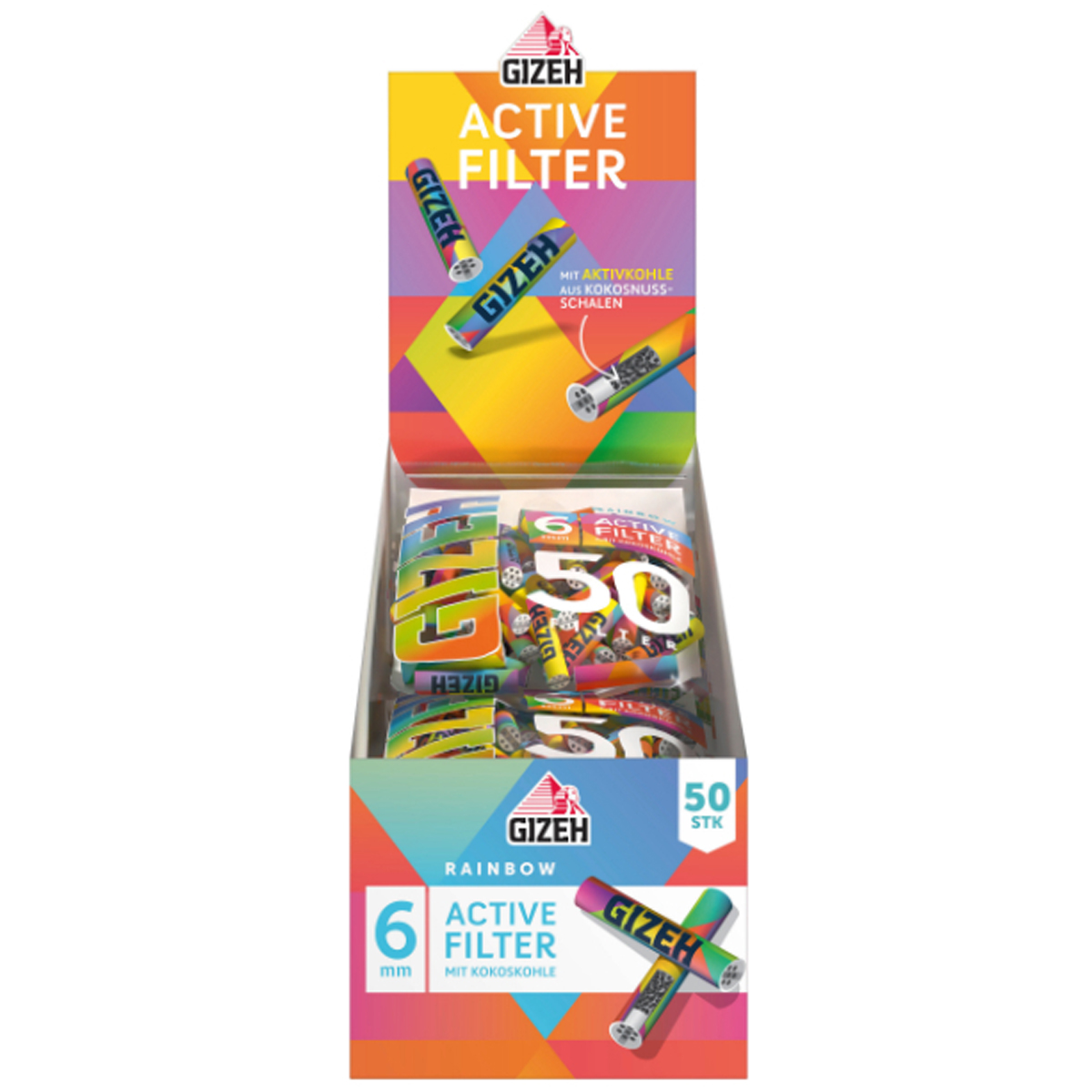 GIZEH Rainbow Active Filtre 6mm Présentoir 10 x 50pcs – Image 1