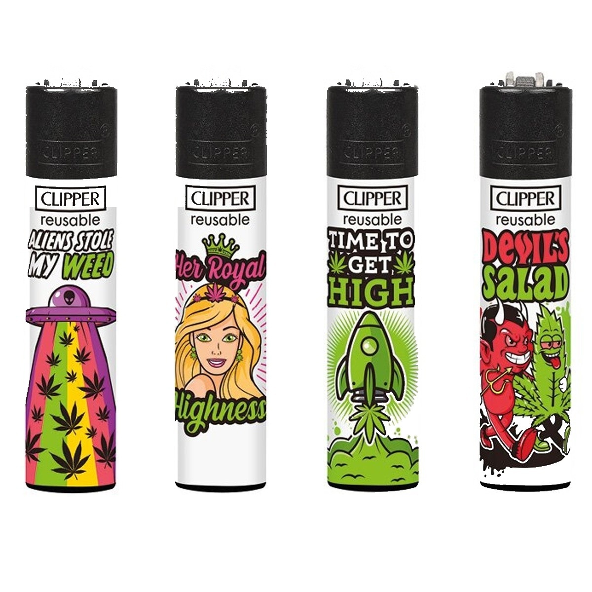 p-23100-26634-v7 Briquet Clipper Weed Slogan 8 — Lot de 4, rechargeable butane – Image 1