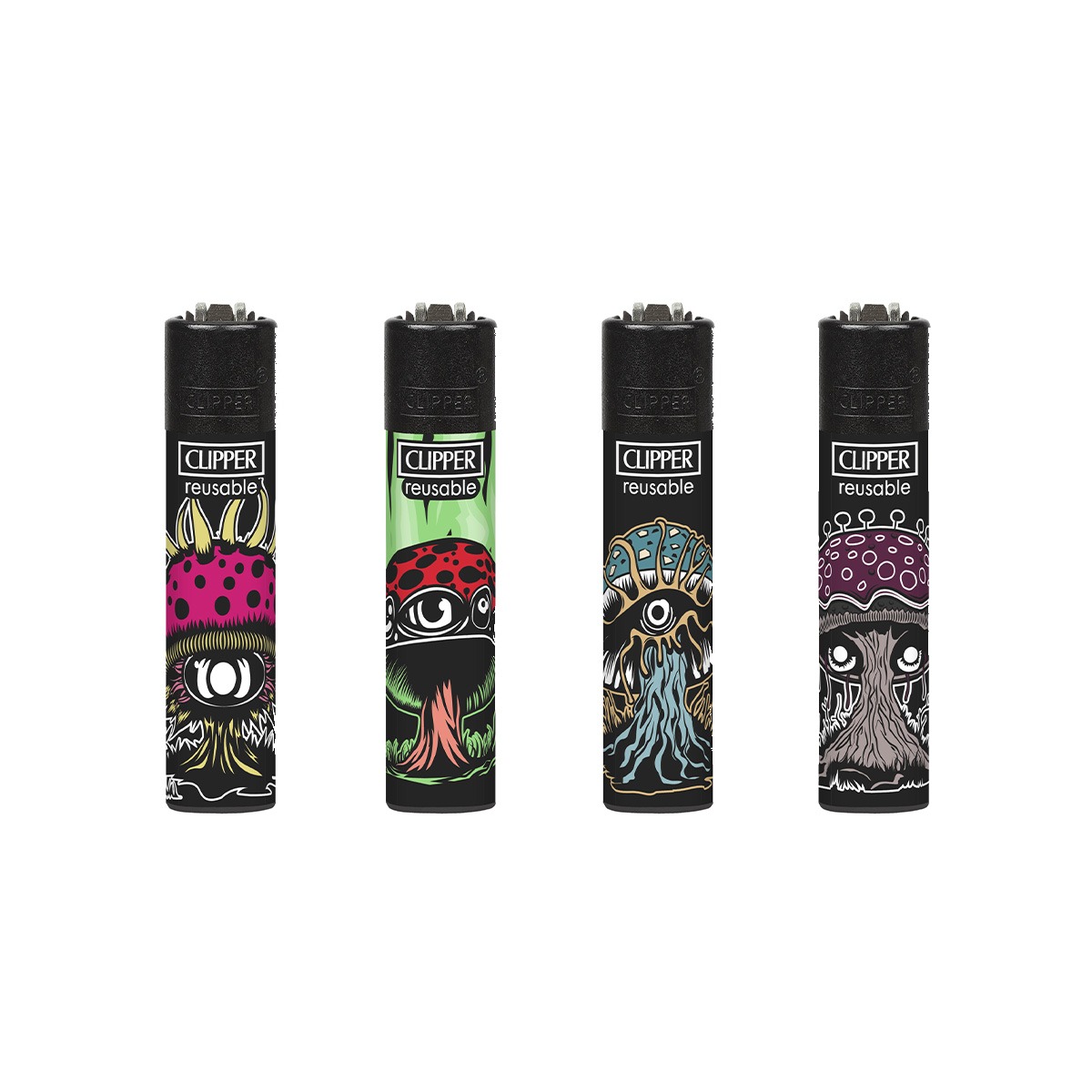 p-23150-23149-v7 Briquet Clipper Micro Alien Mushroom — Lot de 4, rechargeable butane – Image 1