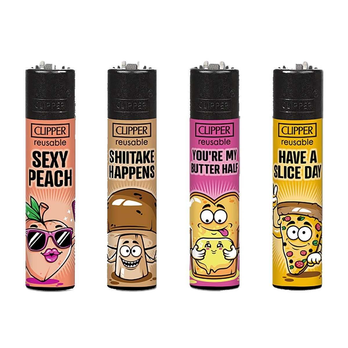 p-23160-26615-v7 Briquet Clipper Food Slogan — Lot de 4, rechargeable butane – Image 1