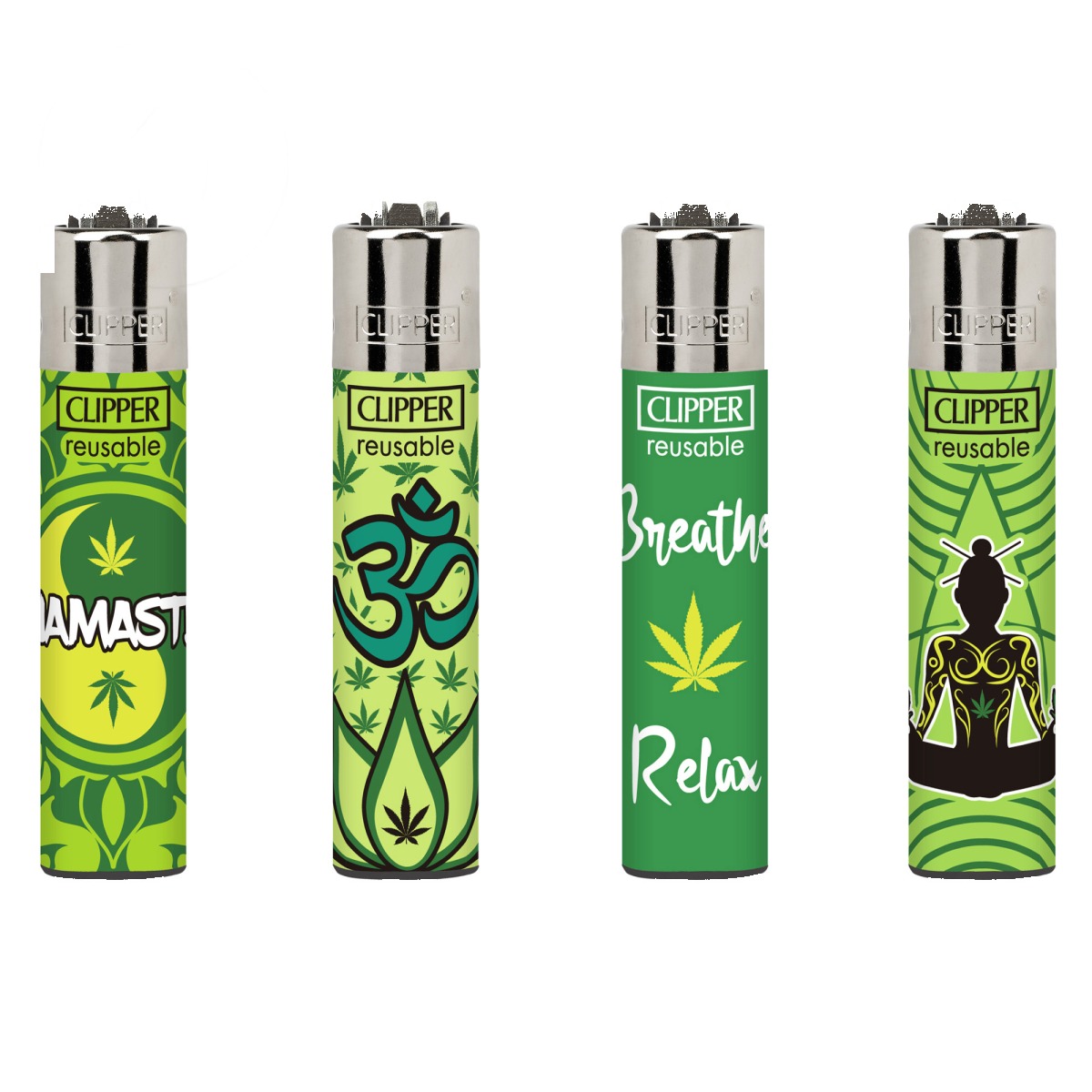 p-26049-26045-v7 Briquet Clipper Micro Weed Yoga 638-641 — Lot de 4 motifs, rechargeable butane – Image 1