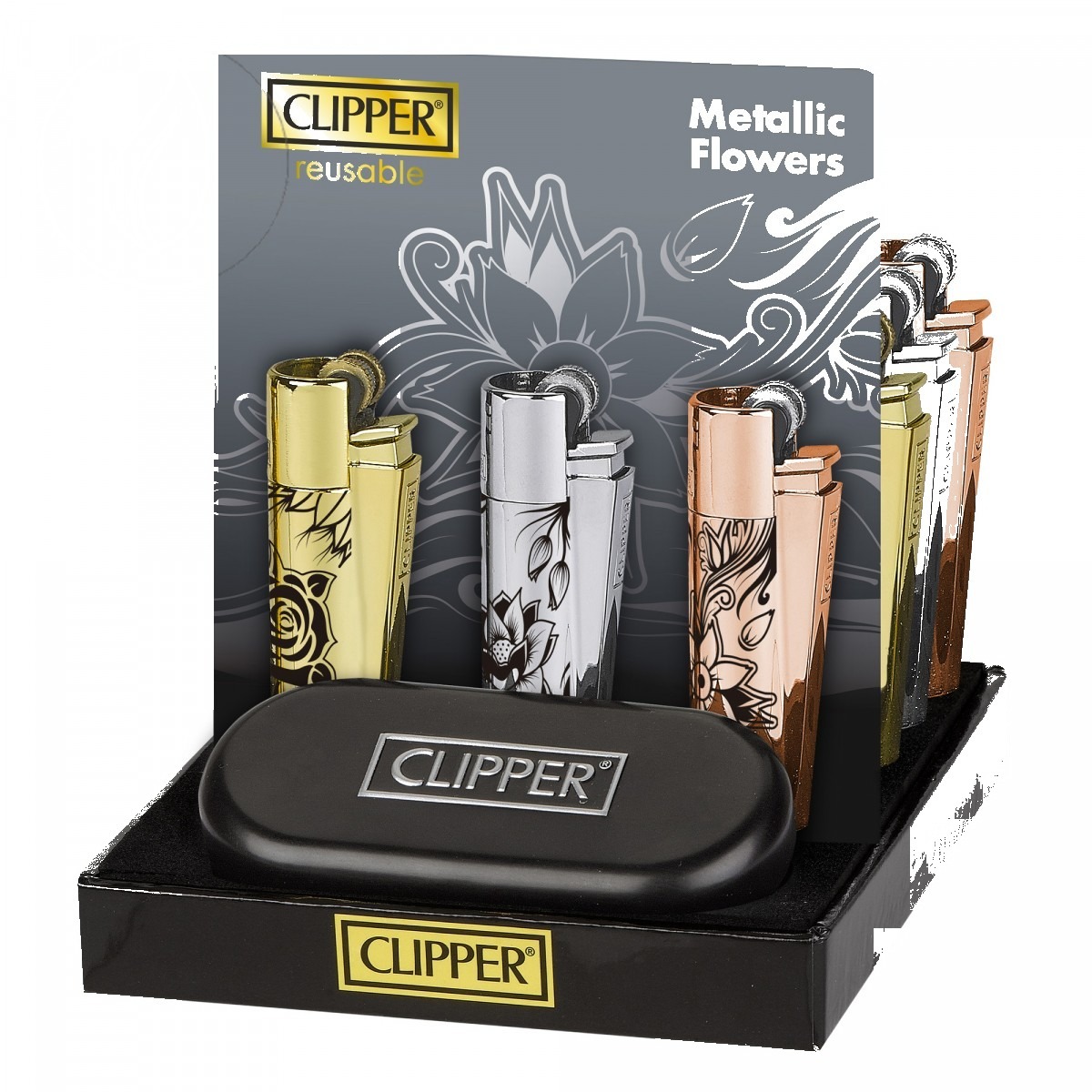 p-26089-26491-v7 Briquet Clipper Metal Flowers 2 (coloris assorti) — Métal premium rechargeable – Image 1