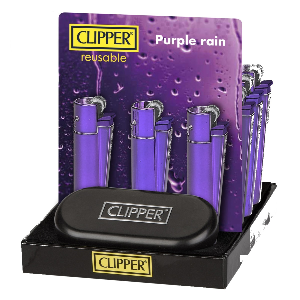 p-26090-26492-v7 Briquet Clipper Metal Purple Rain - (coloris assorti) — Métal premium rechargeable – Image 1