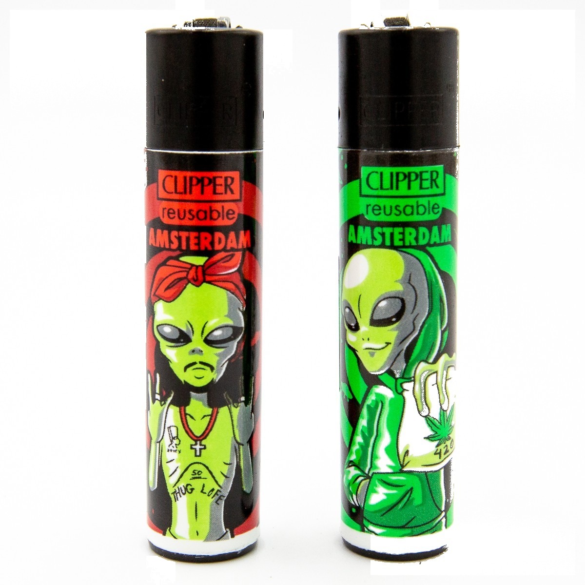 p-26095-26173-v7 Briquet Clipper Amsterdam Alien 688-689 — Lot de 4 motifs, rechargeable butane – Image 1