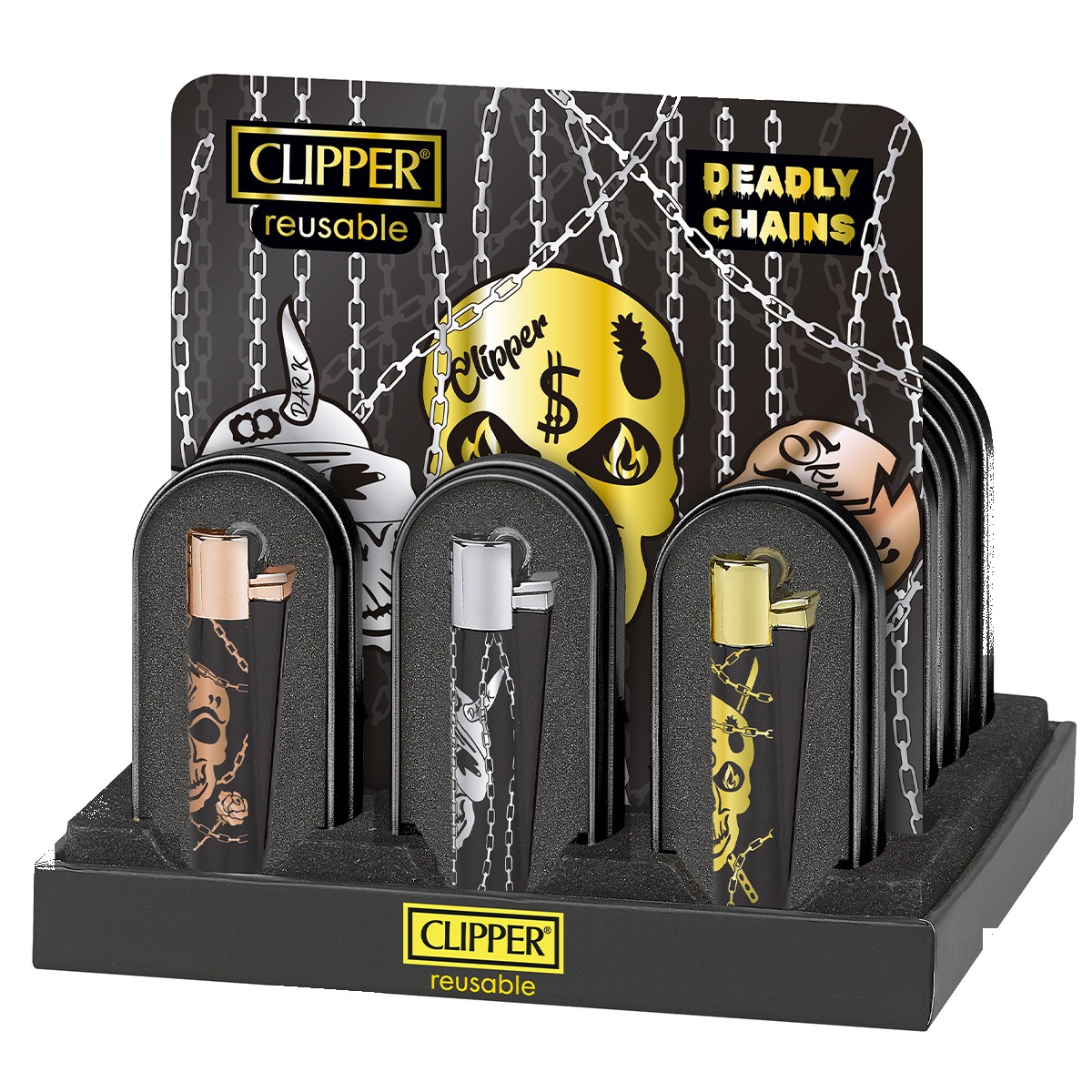 p-26122-26118-v7 Briquet Clipper Metal Deadly Chains (coloris assorti). — Métal premium rechargeable – Image 1
